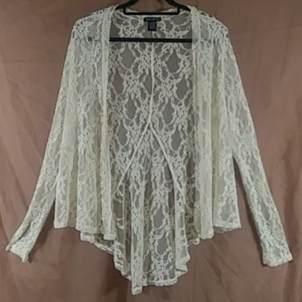 Miss Chievous Women's White Asymmetrical Hem Lacey Flare Cardigan Top Size L